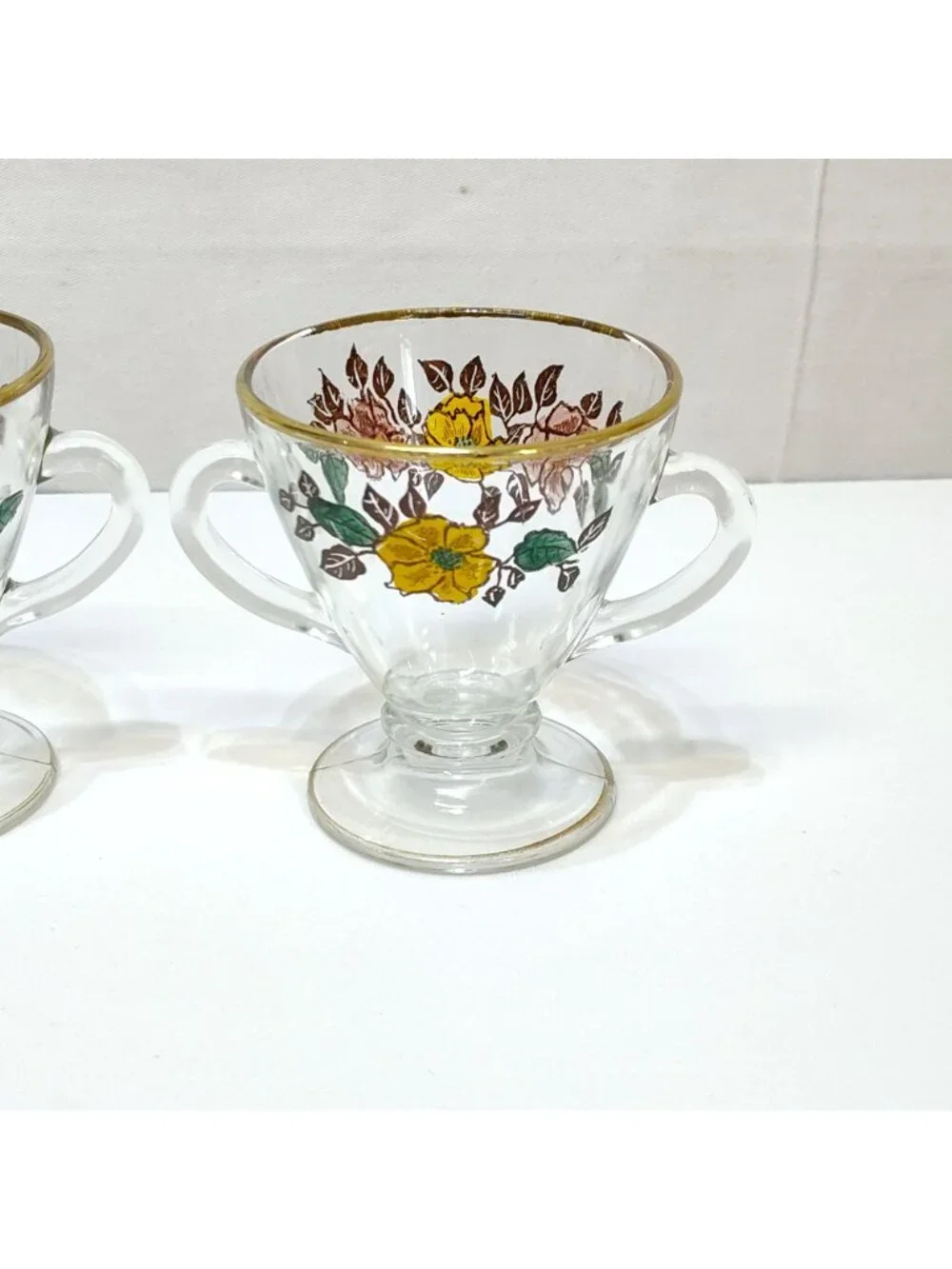 Vintage Glass Creamer & Sugar Set Floral Design Gold Rim Accents Artist Unknown